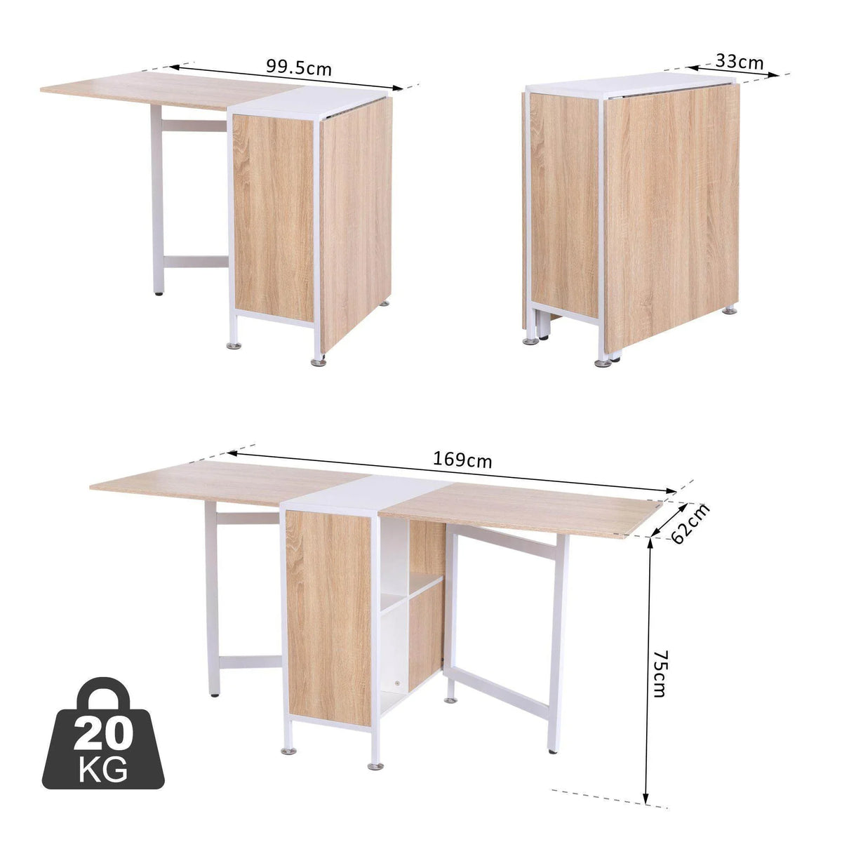 Foldable dining table with light oak tabletop, white legs, and storage cabinet when folded