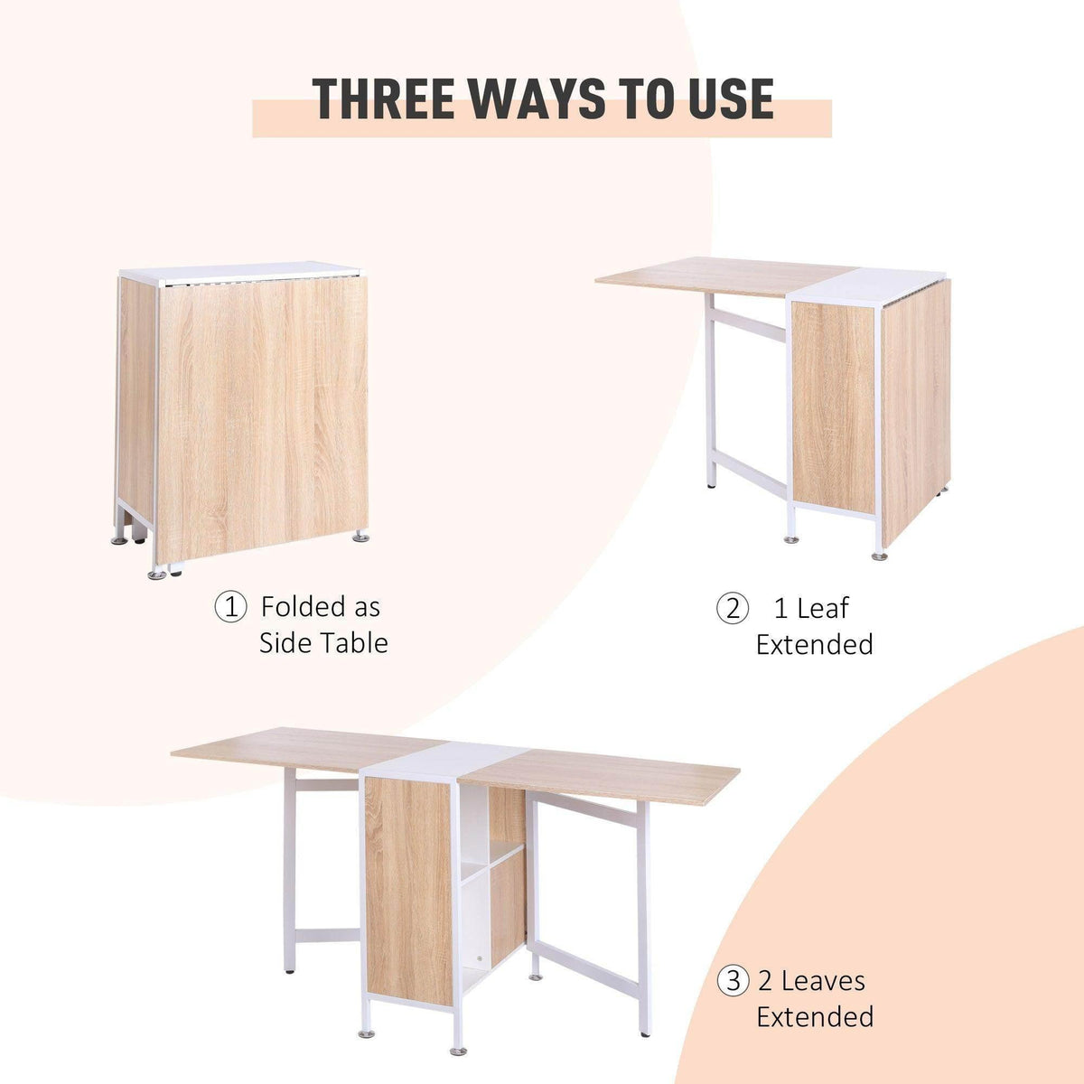 Foldable dining table shown in multiple uses, with oak-finish cabinet and white frame