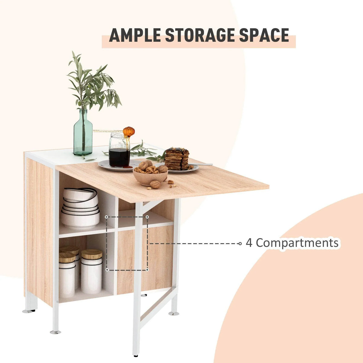 Foldable dining table with open storage cabinet and shelving under a light oak top