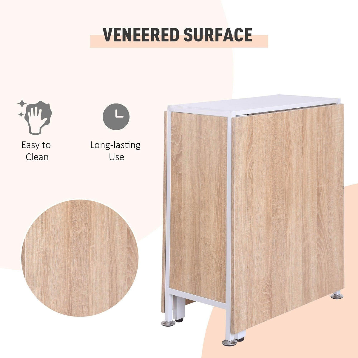 Veneered oak-finish cabinet panels on a folded foldable dining table with white legs
