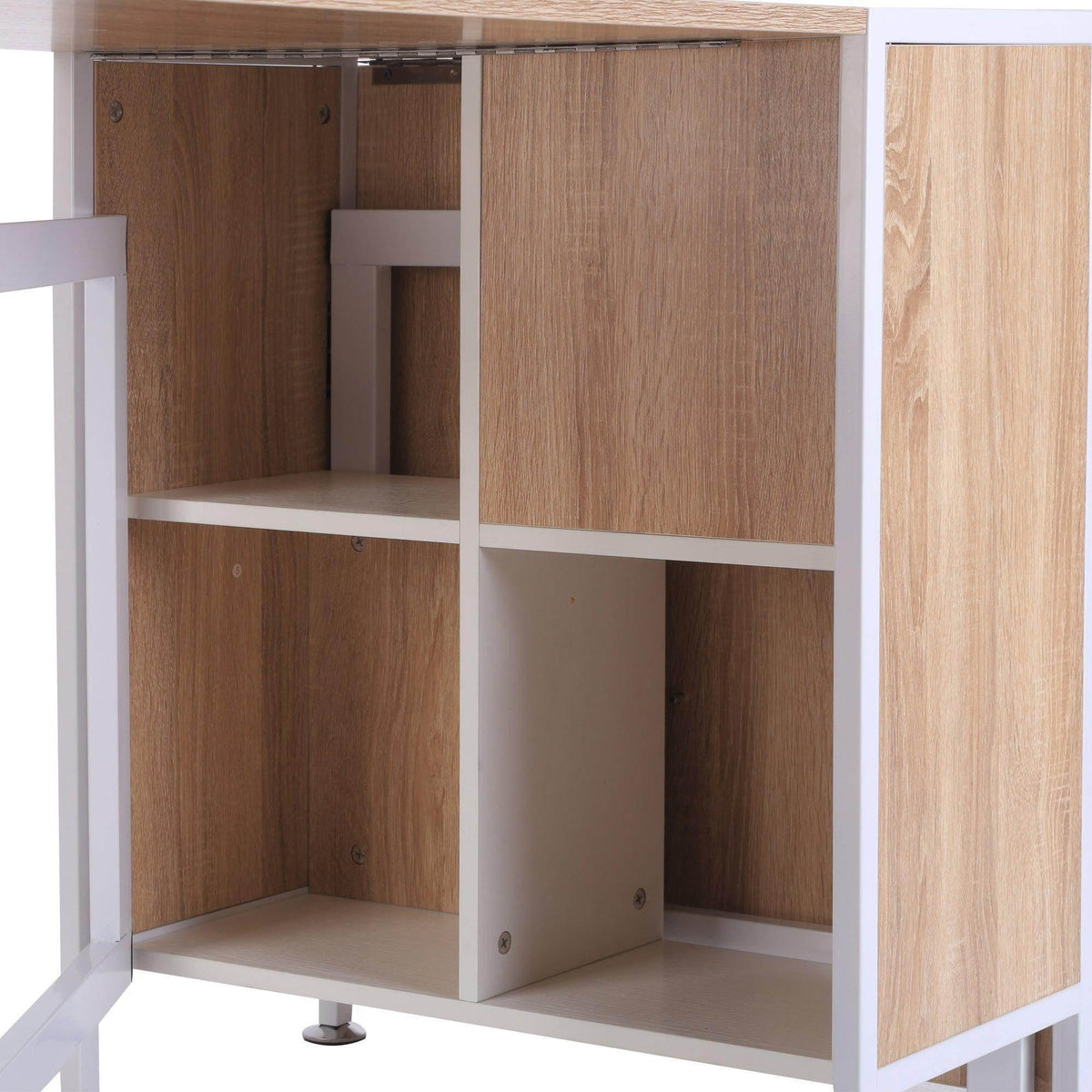 Interior view of open storage cabinet on a foldable oak-finish dining table with white frame