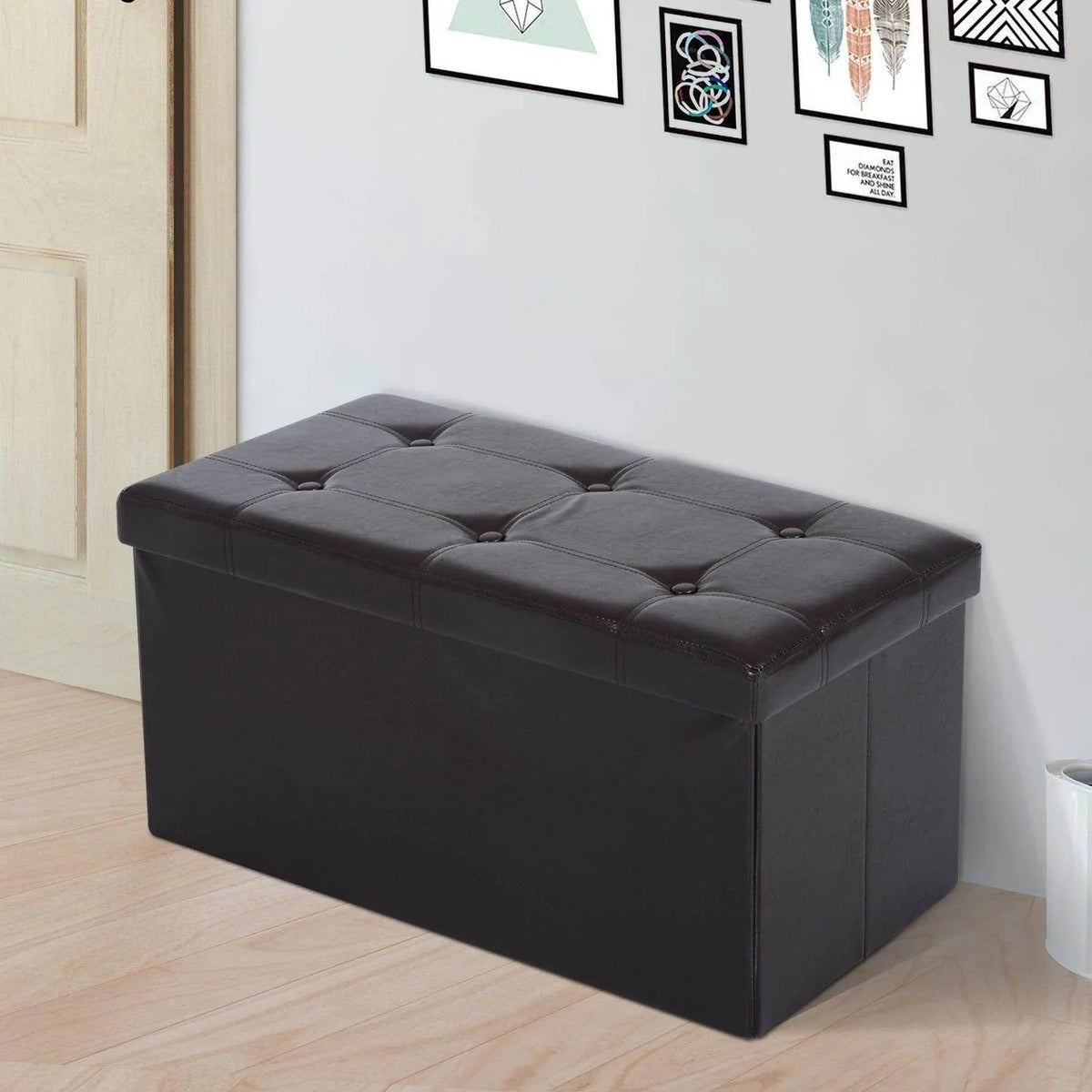 Foldable ottoman bench with storage, dark brown tufted seat and button pattern