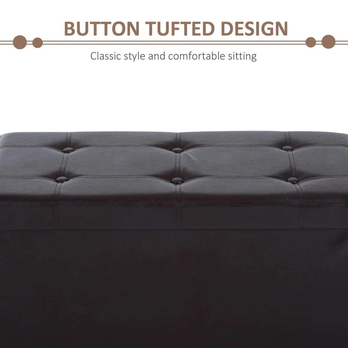 Tufted bench ottoman with dark brown buttoned upholstery across the cushioned lid