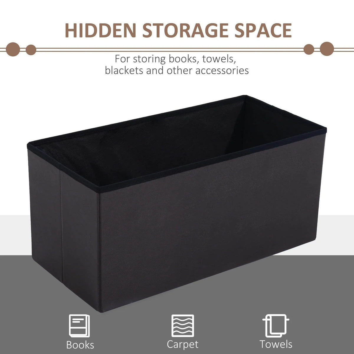 Storage ottoman bench with hinged lid open, dark interior and dark brown sides