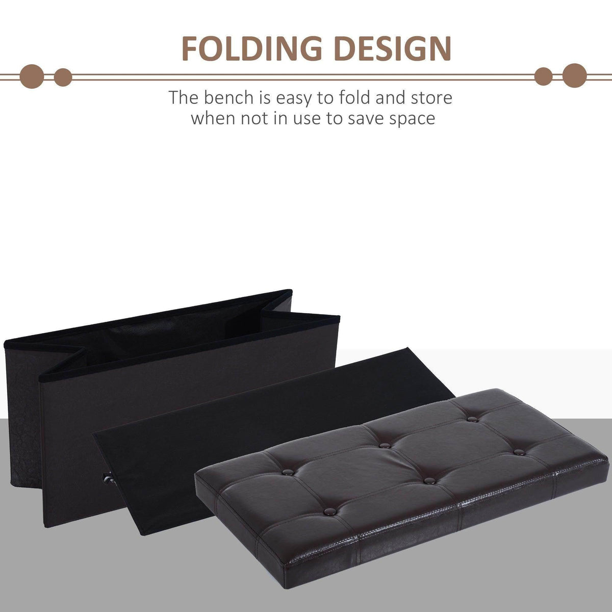 Foldable storage ottoman bench in open, folded position with dark brown cushion