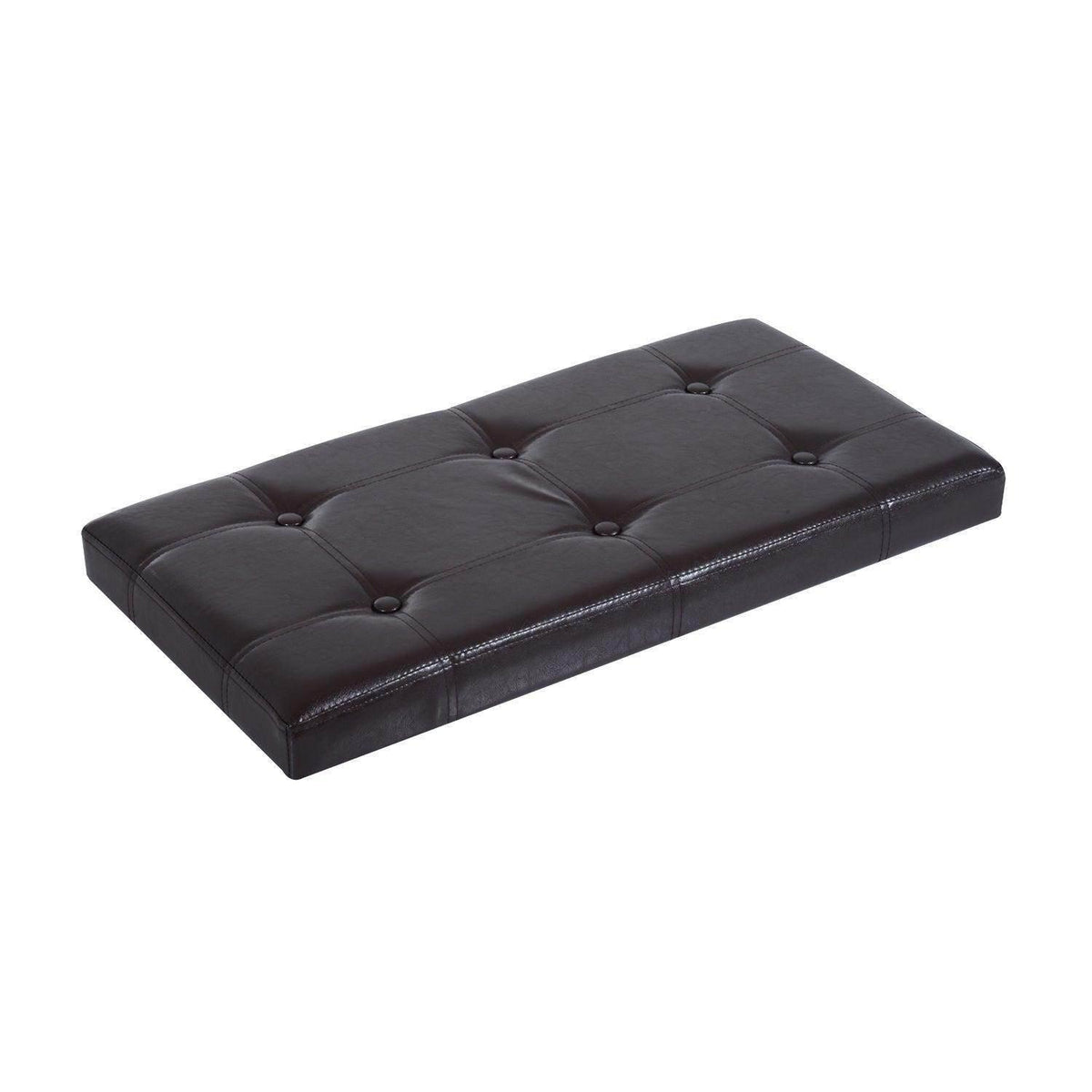 Dark brown tufted ottoman bench with storage cube, cushioned top viewed from above