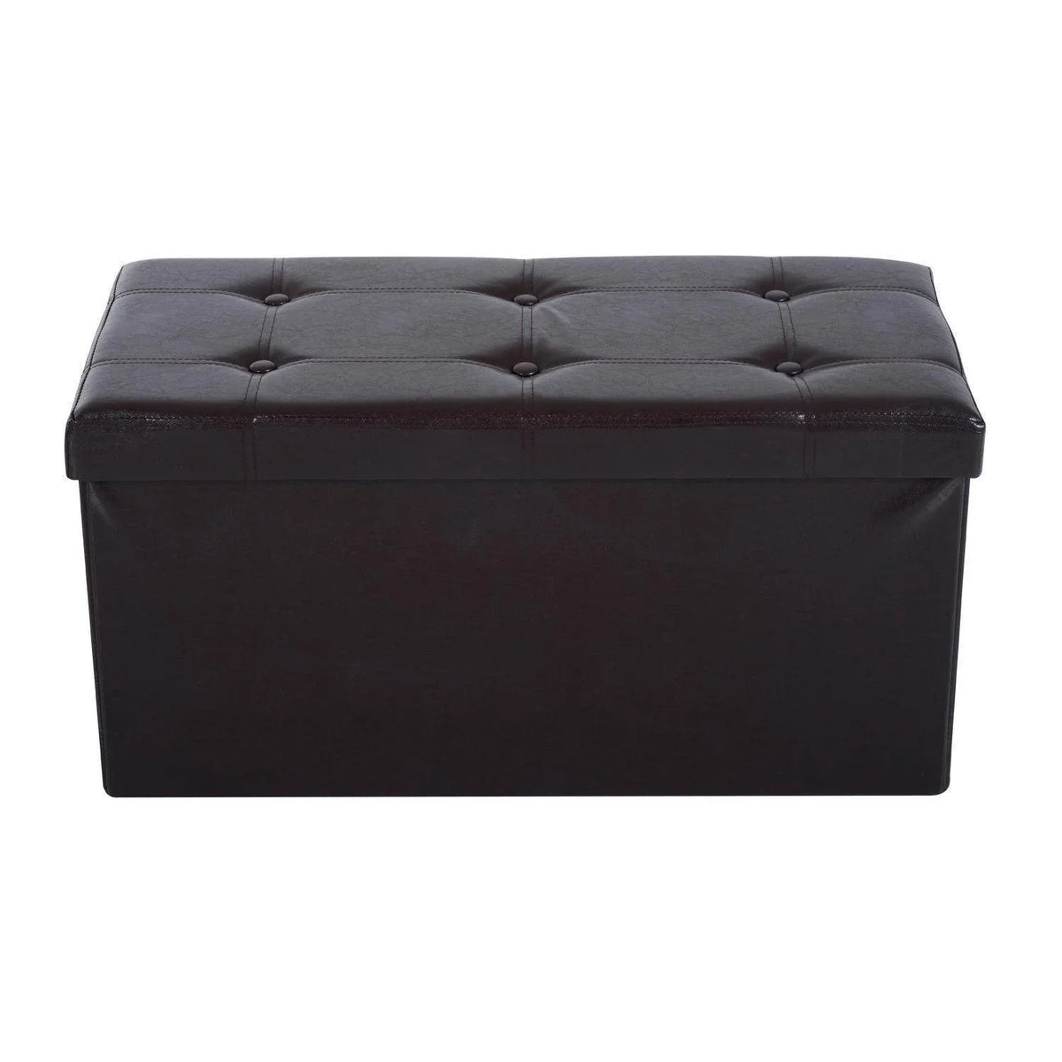 Front view of dark brown storage ottoman bench with tufted button top