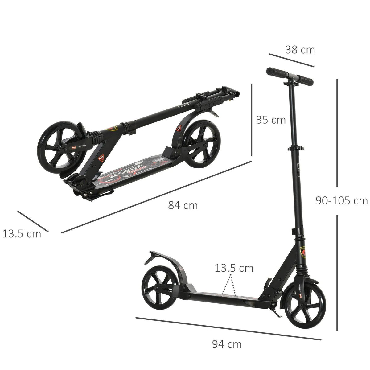 Black folding kick scooter with big wheels, front fork and adjustable handlebar shown