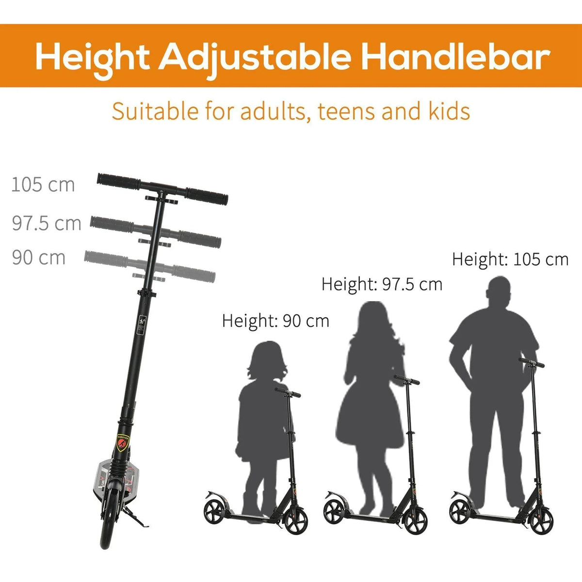 Height-adjustable handlebar scooter with sizing silhouettes for riders