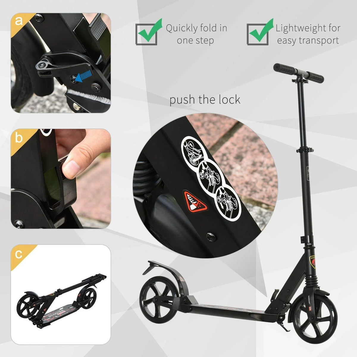 Folding kick scooter with push-lock mechanism and detailed deck and rear wheel
