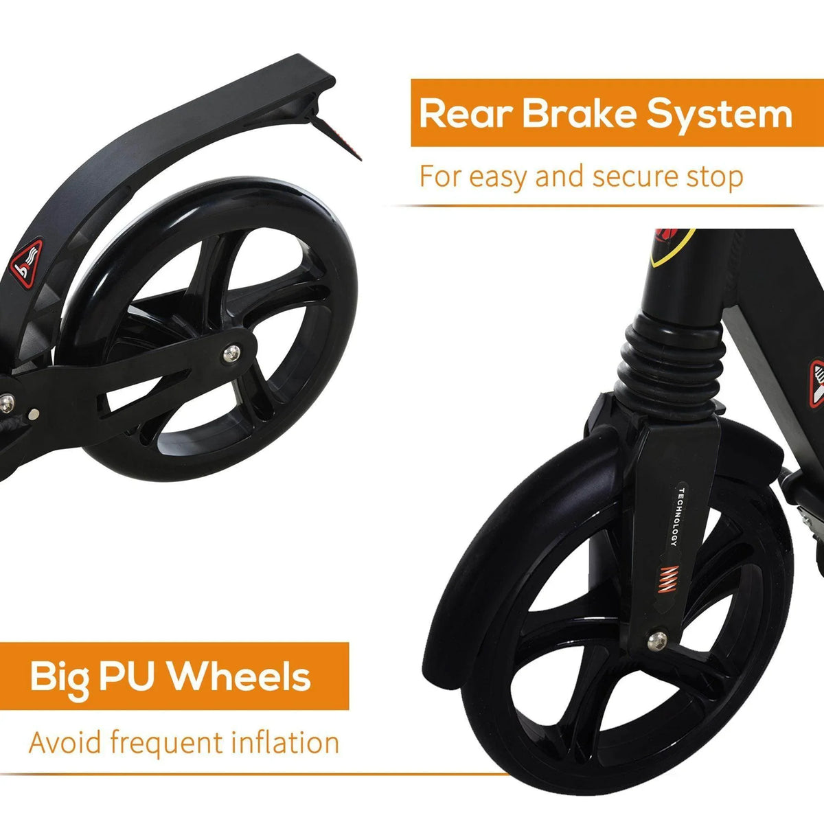 Rear brake system on black kick scooter with large PU wheels