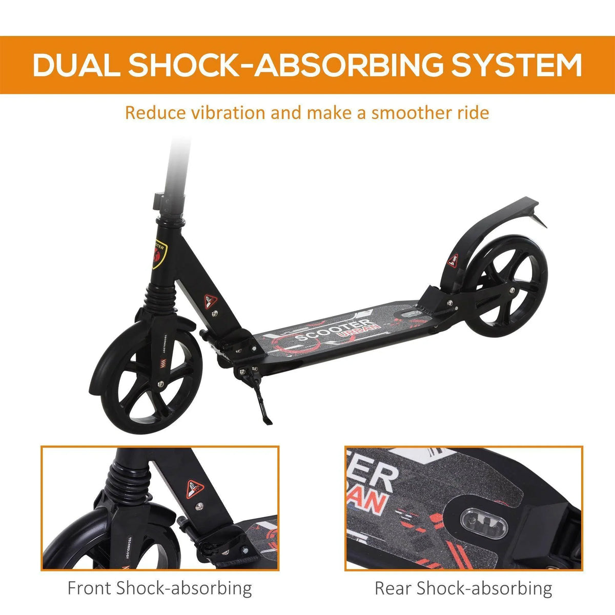 Dual shock-absorbing kick scooter with front and rear suspension