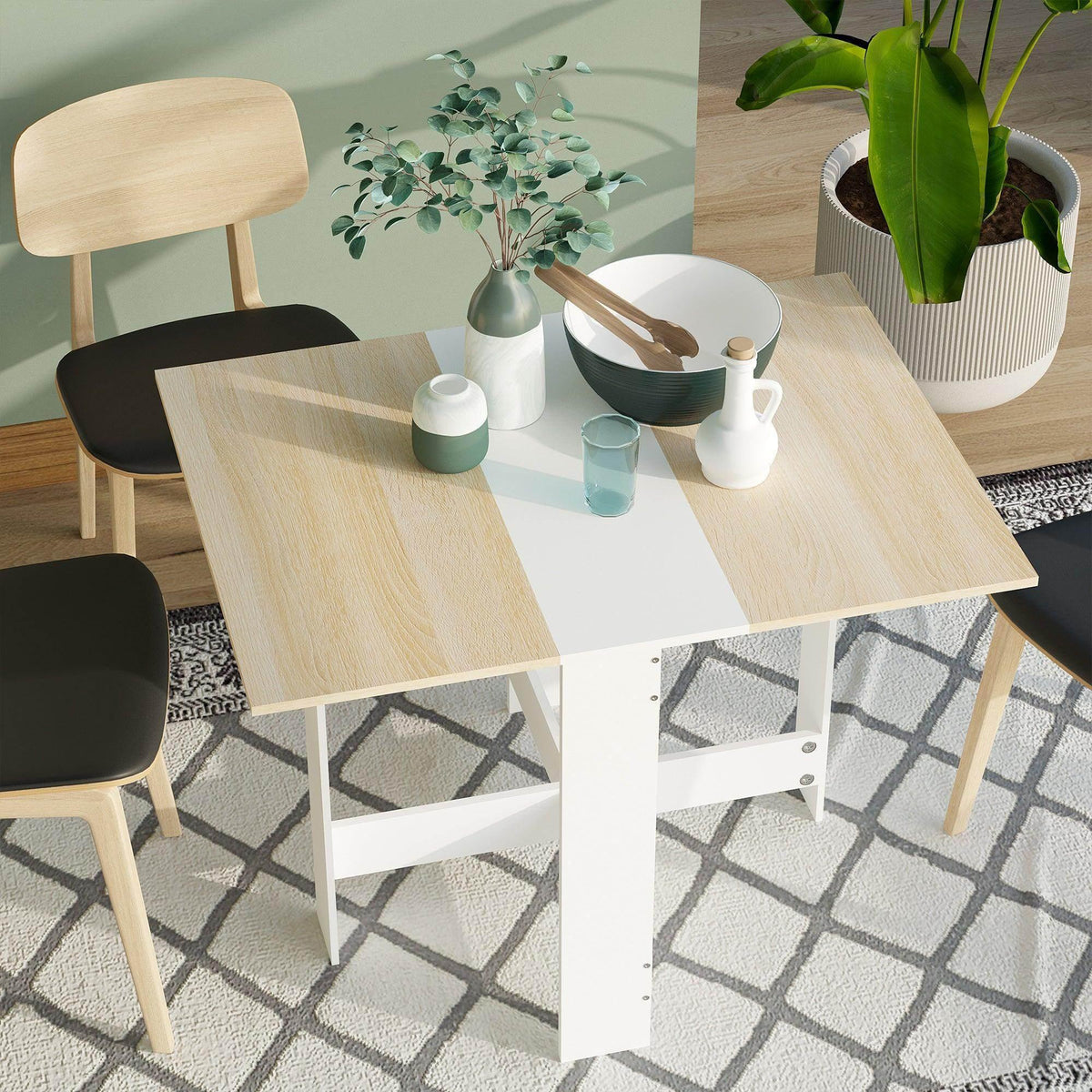 Folding light wood and white desk with open frame, tabletop set for use
