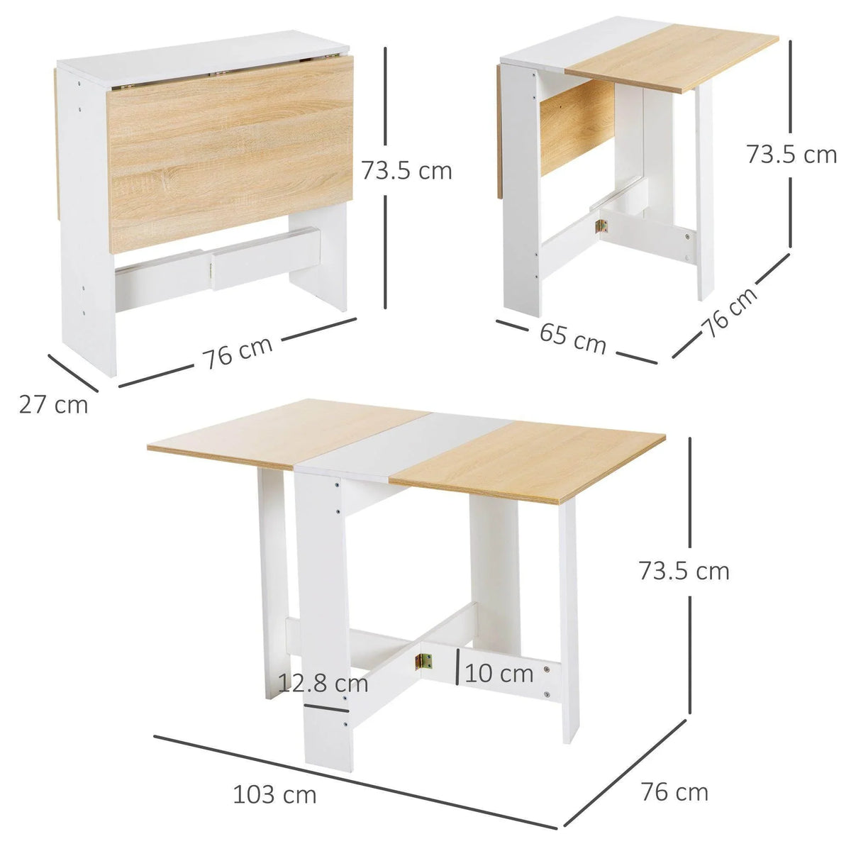 Folding light wood tabletop desk with white frame, unfolded design shown with dimensions