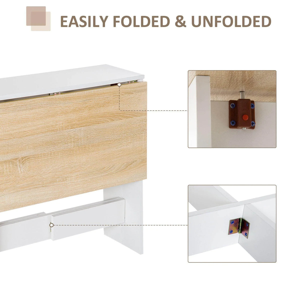 Light wood and white folding desk with visible side hinges for easy folding and unfolding