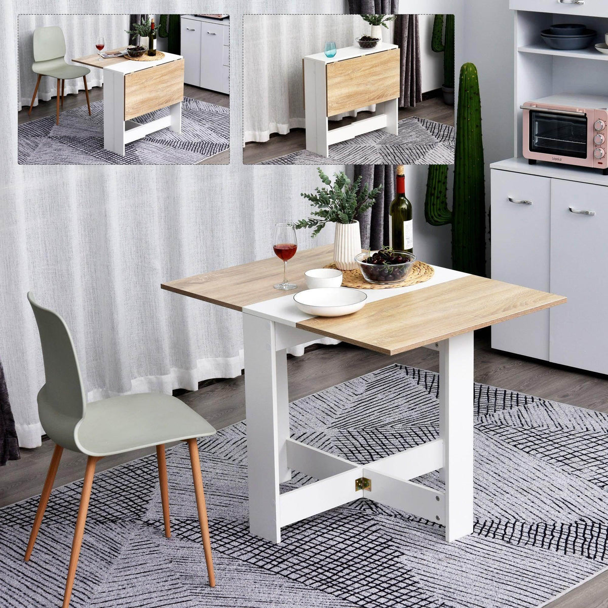 Folding dining desk with light wood top and white frame, styled with tableware and chairs