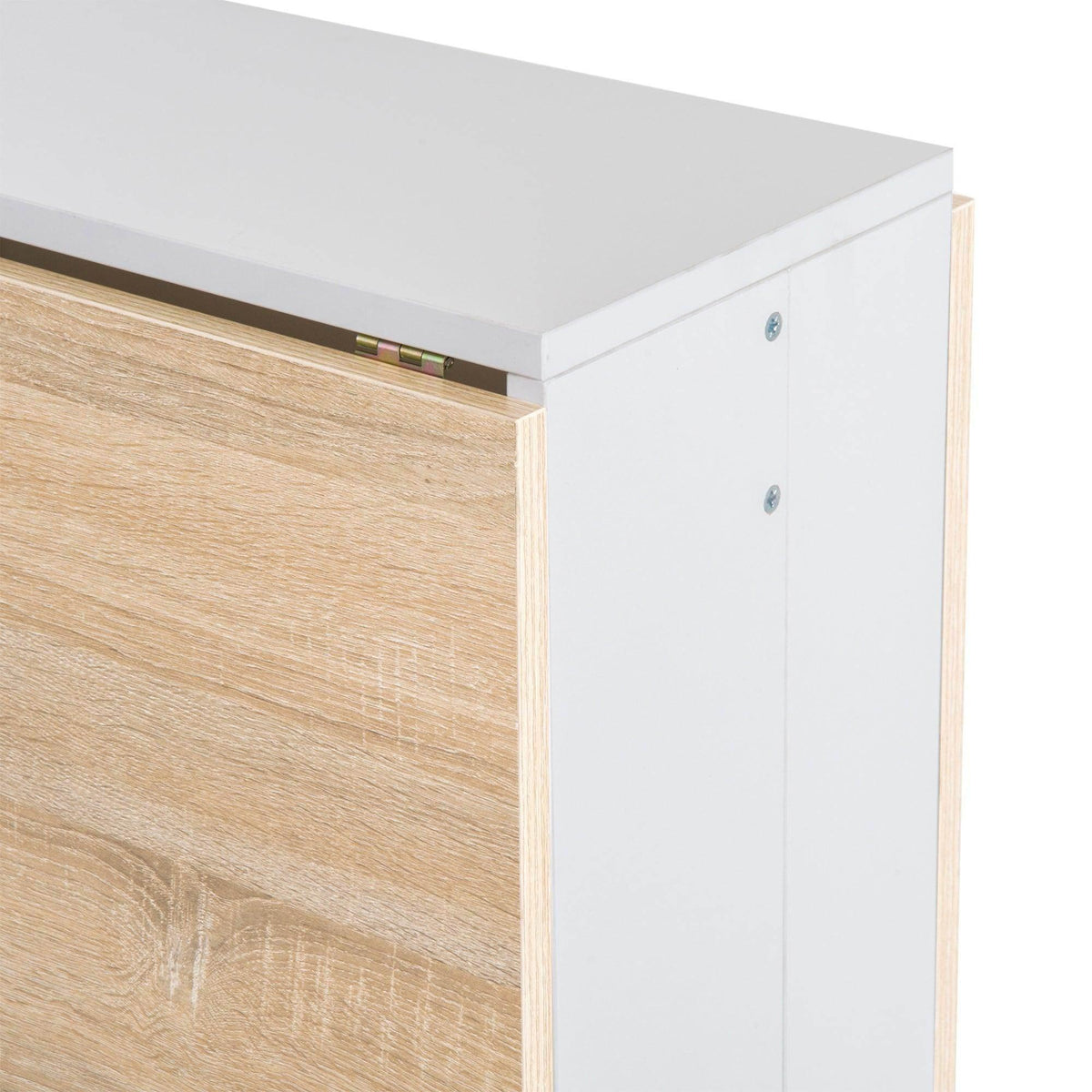 Close-up of light wood and white folding desk with metal latch and hinge hardware