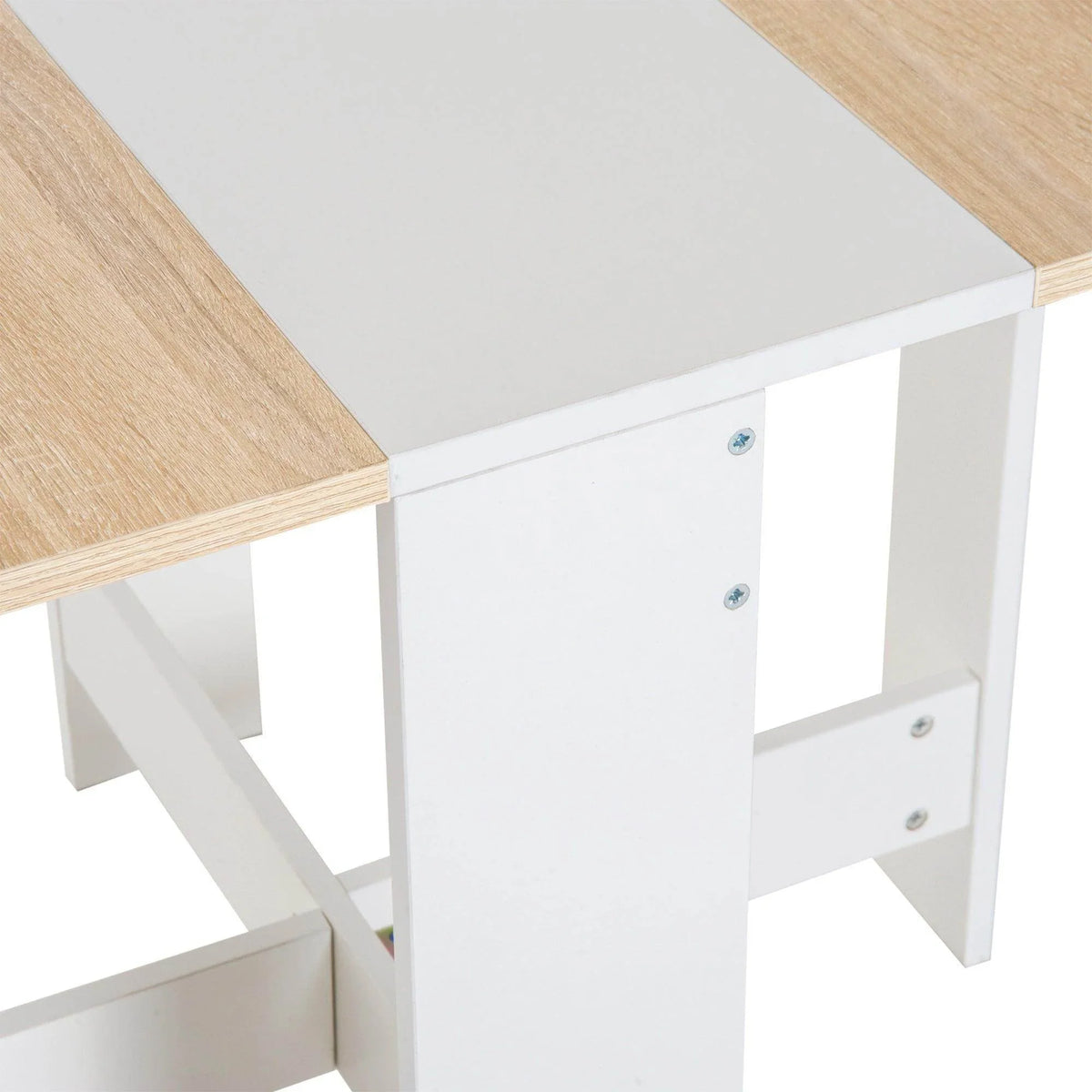 White desk legs and light wood tabletop section with hinge support, unfolded view