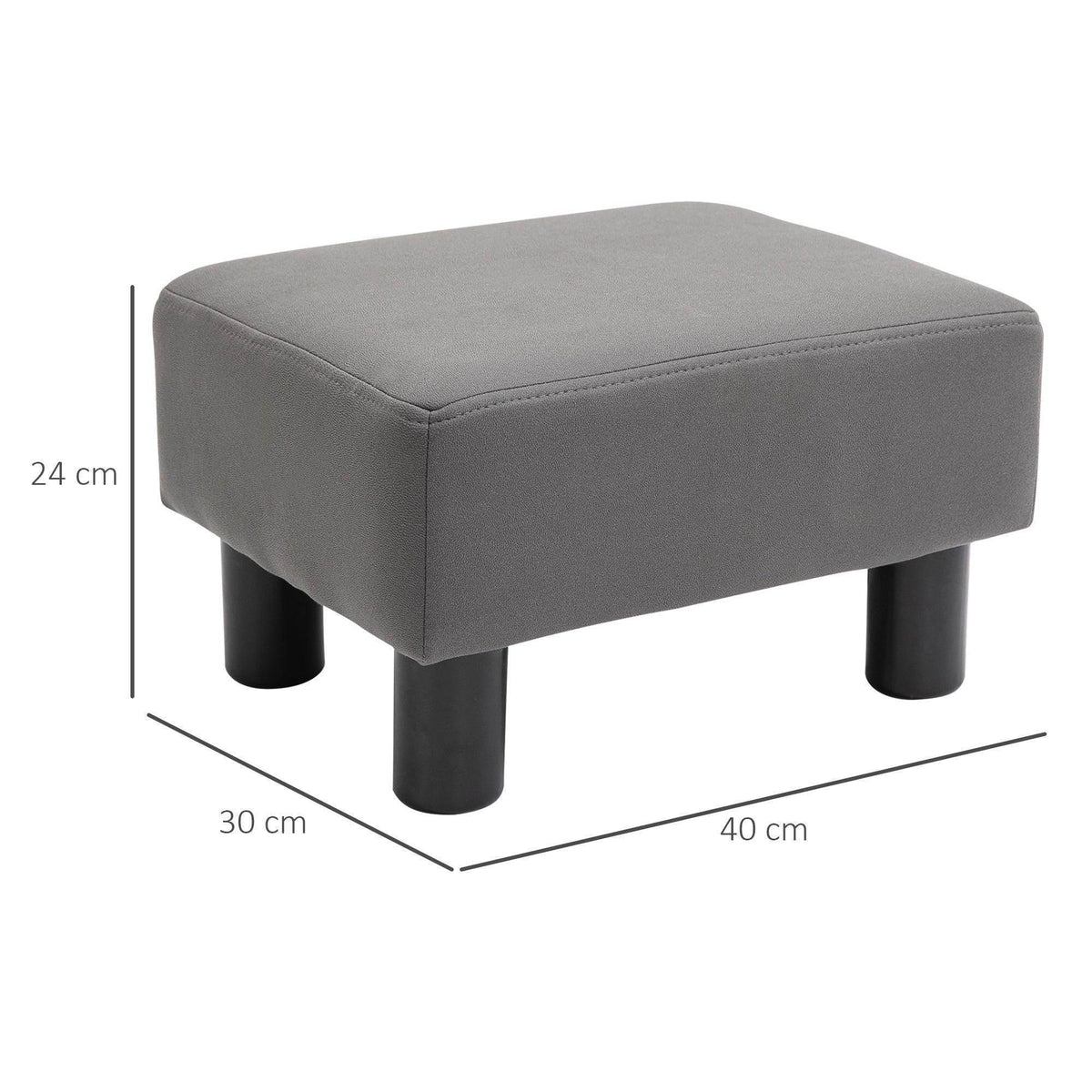 Grey padded foot rest ottoman with four black legs, side view with dimensions