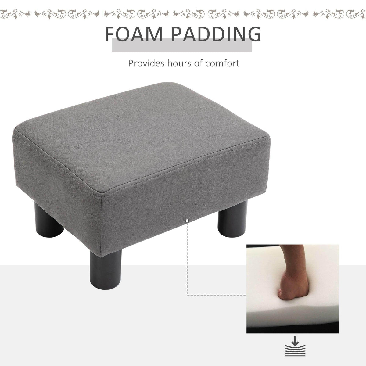 Grey padded foot rest ottoman with foam padding look and inset foot placement