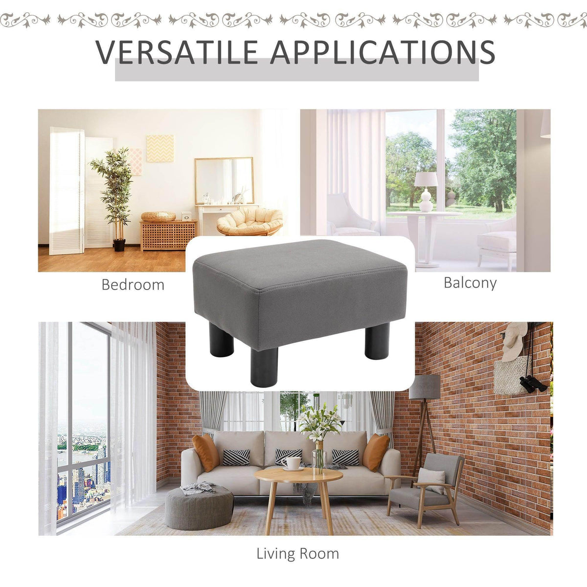 Grey upholstered foot rest ottoman with four black legs, centered view