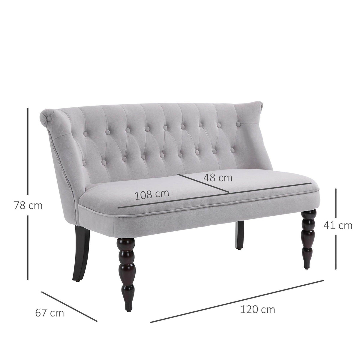 Light gray upholstered loveseat, button-tufted back, dark legs, front view with dimensions