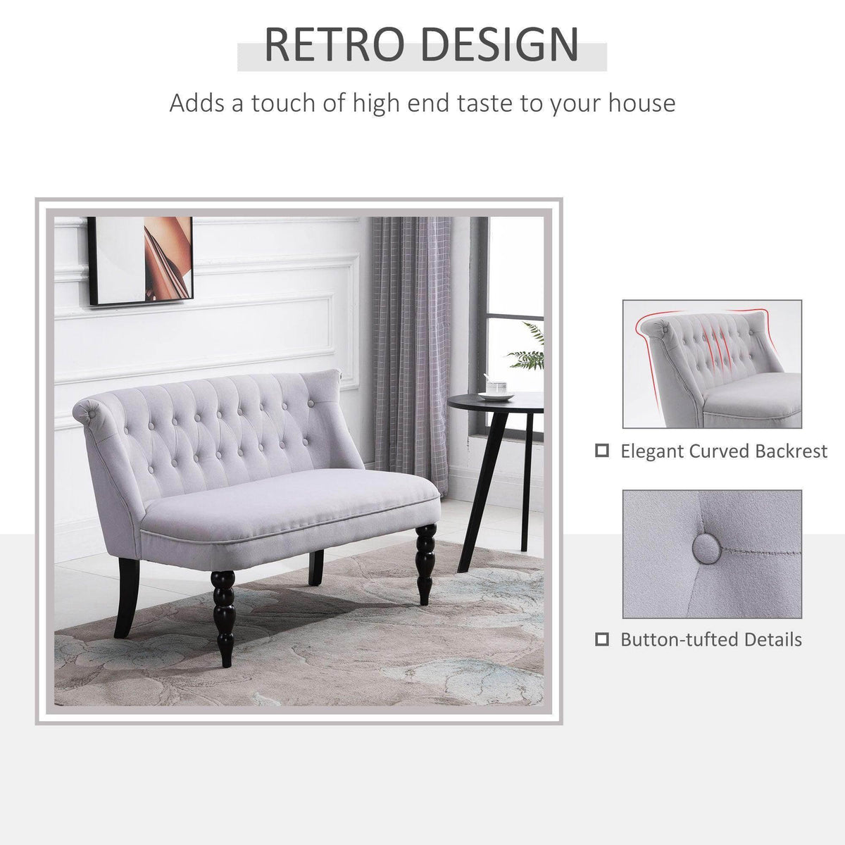 Light gray button-tufted loveseat with curved back and dark legs, styled view