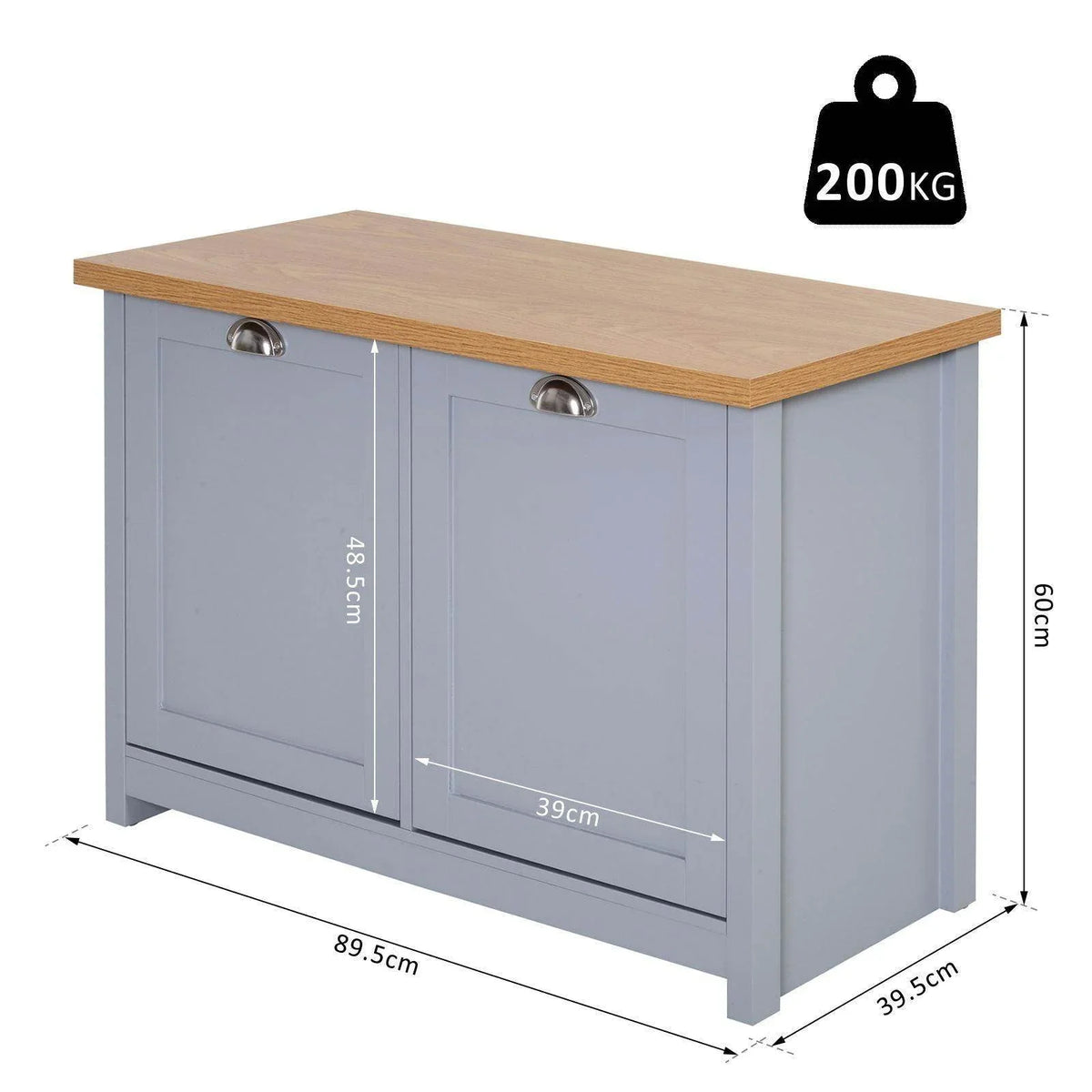 Grey shoe cabinet with two hinged doors and wooden top; front dimensions shown
