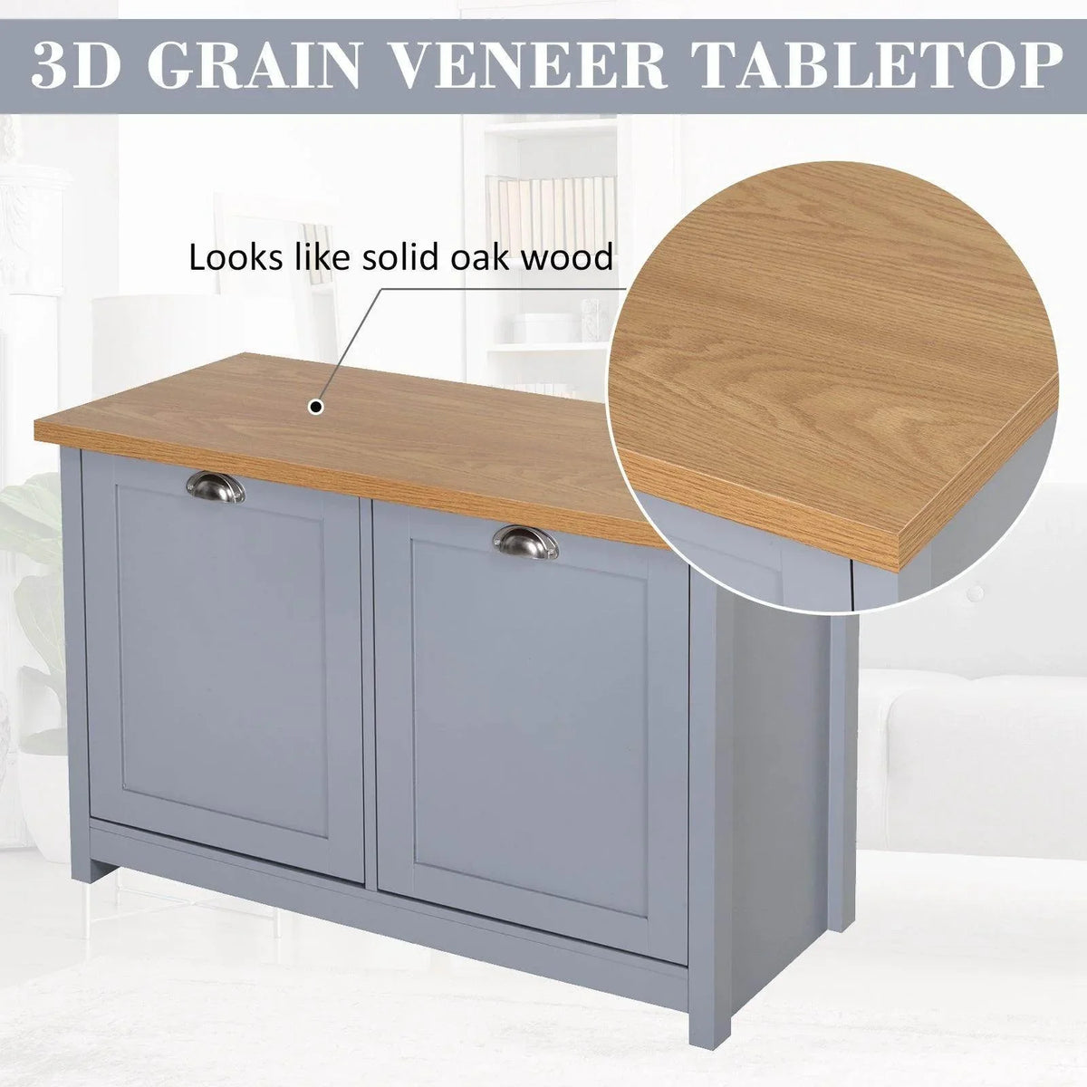 Grey shoe cabinet with two doors featuring a wood-grain veneer tabletop