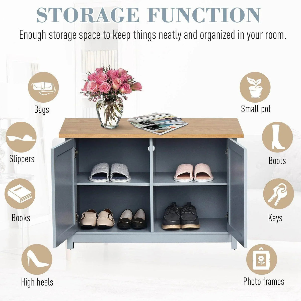 Open grey shoe cabinet with shelves inside for shoes and small items