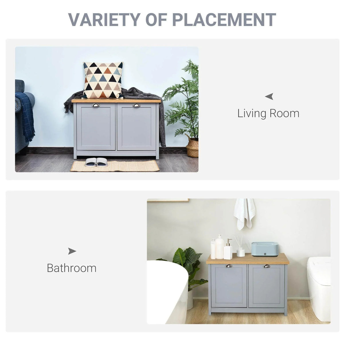Grey shoe cabinet with wooden top displayed for room use in a placement layout