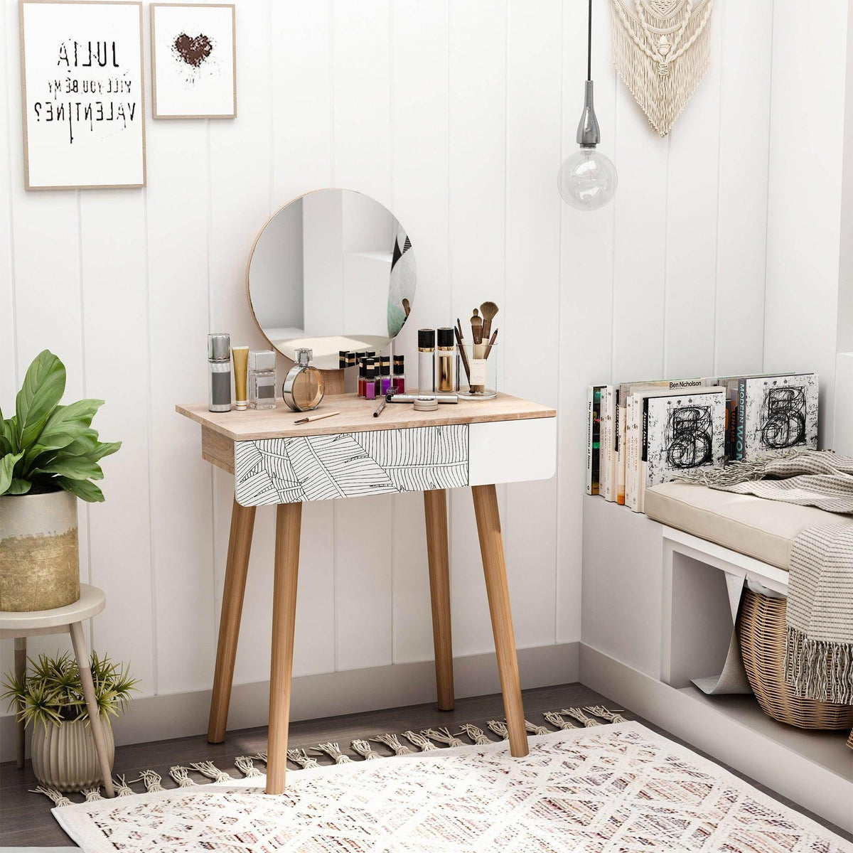 Height-adjustable oak dressing table with round mirror and striped-pattern drawer front