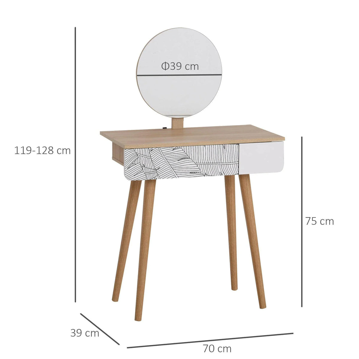 Oak dressing table with round mirror, striped drawer front, and slim tapered legs