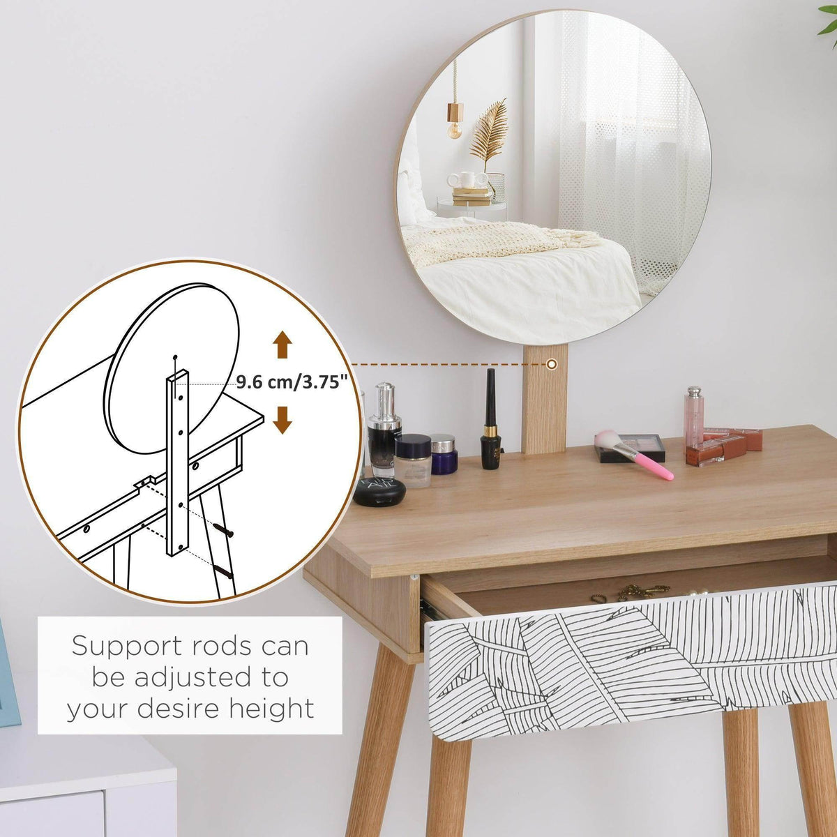 Oak dressing table with round mirror and adjustable support rods under the tabletop