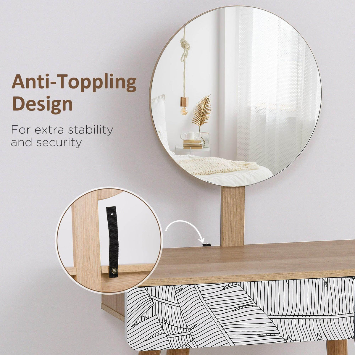 Oak dressing table with round mirror and anti-toppling bracket on the lower frame