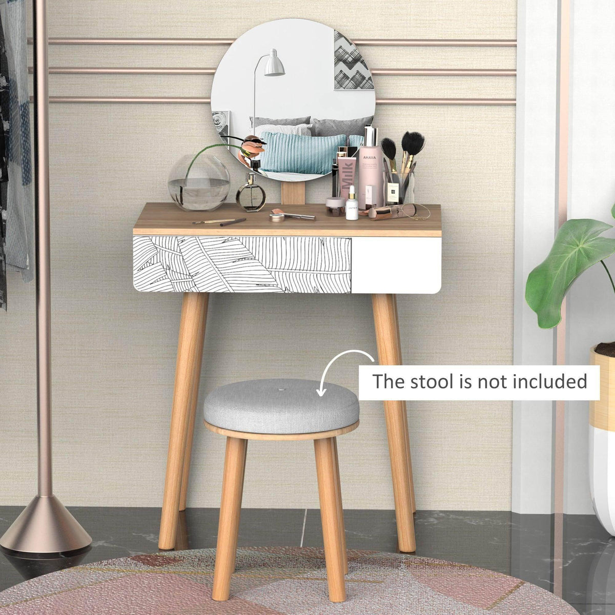 Oak dressing table with round mirror and patterned drawer front; open storage space below