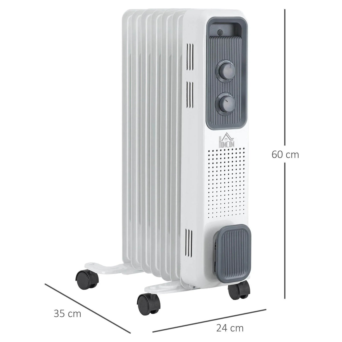 White electric radiator heater with two knobs, gray side handle, and caster wheels