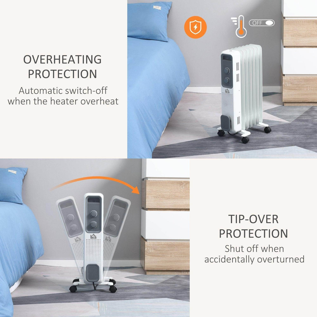White portable electric heater with overheat and tip-over protection features