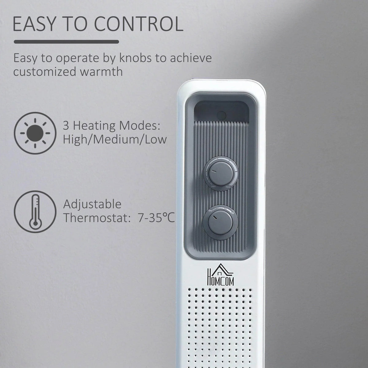 White electric space heater with gray knobs and adjustable thermostat settings
