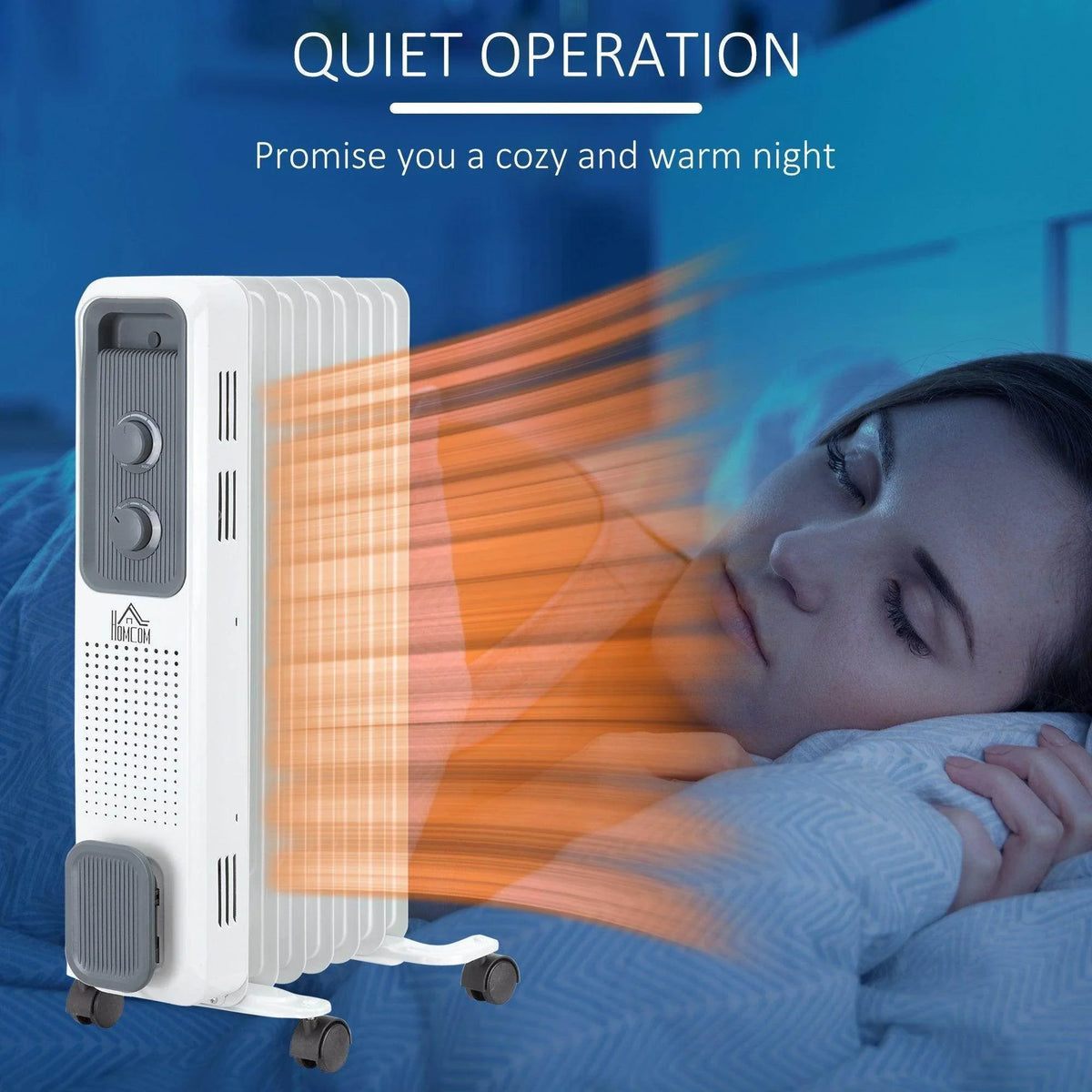 White portable electric heater showing warm heat output from side fins