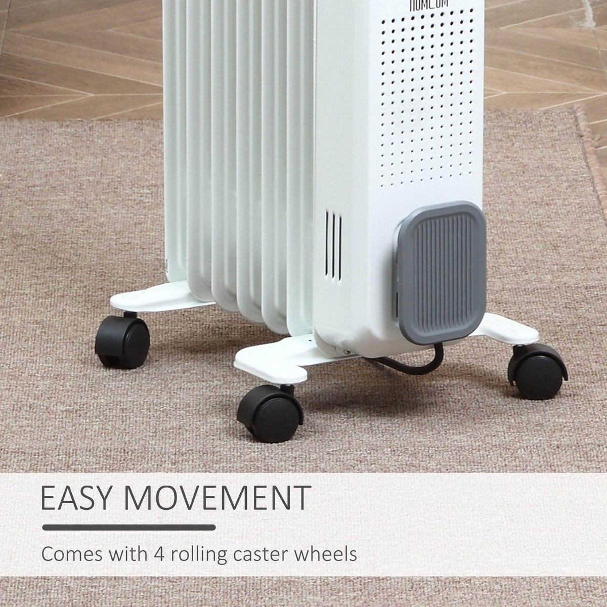White electric heater with four rolling caster wheels and base feet