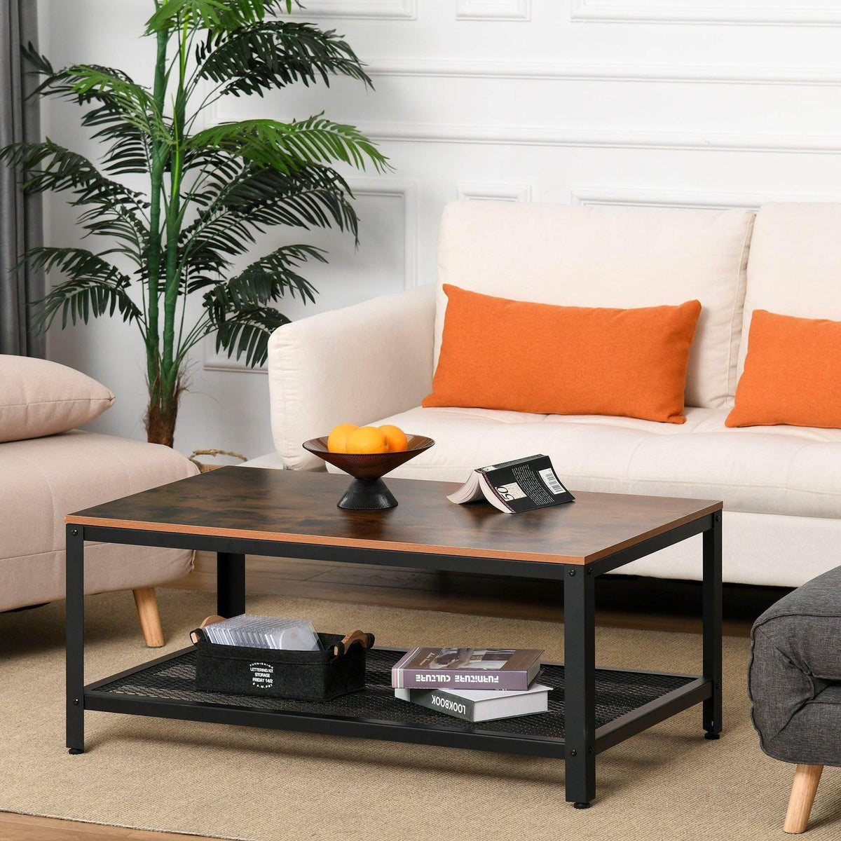 Industrial coffee table with rustic brown top, black metal frame, and lower storage shelf