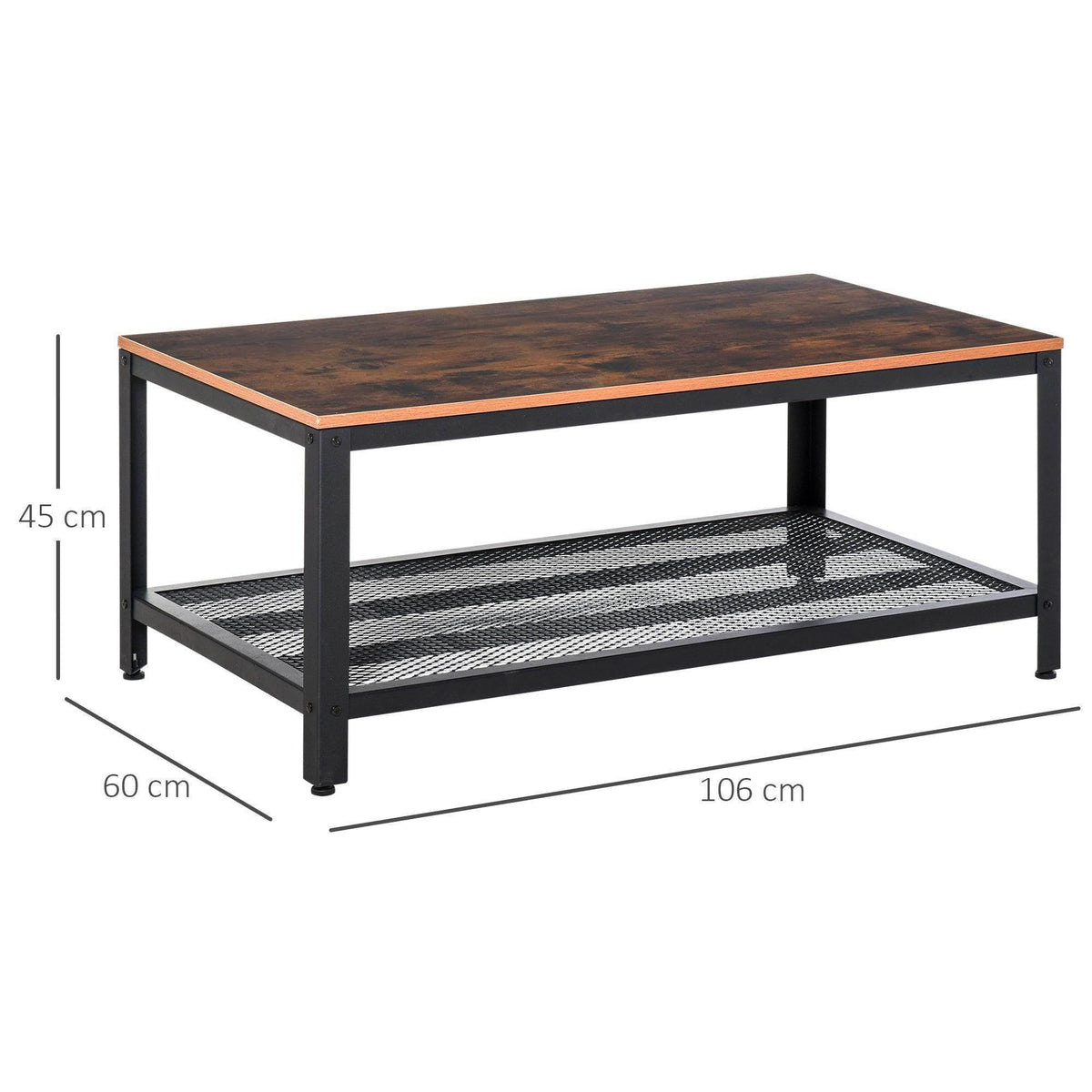 Industrial coffee table with dark brown tabletop, black frame, and mesh storage shelf