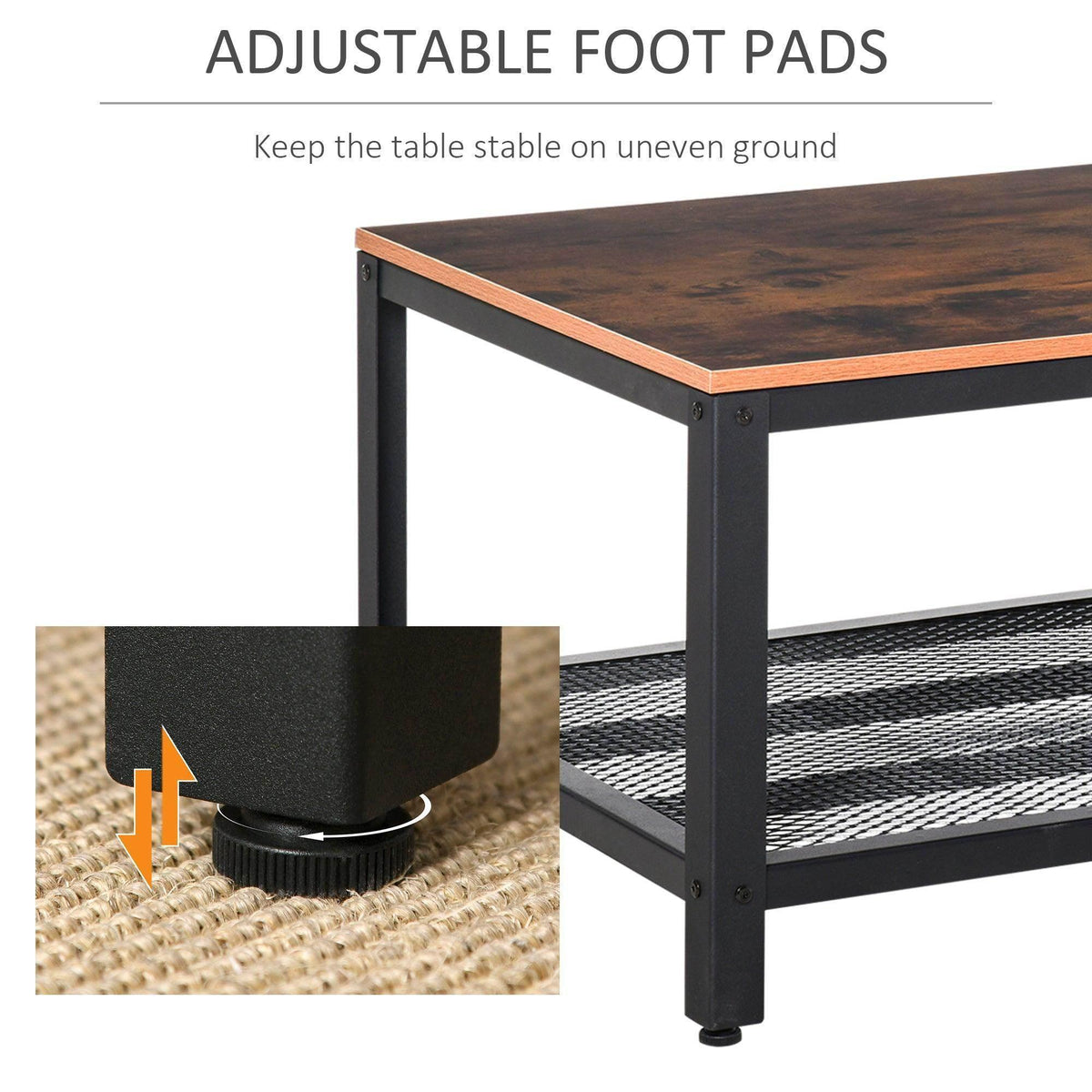 Industrial coffee table corner with adjustable foot pads for stability on uneven floors