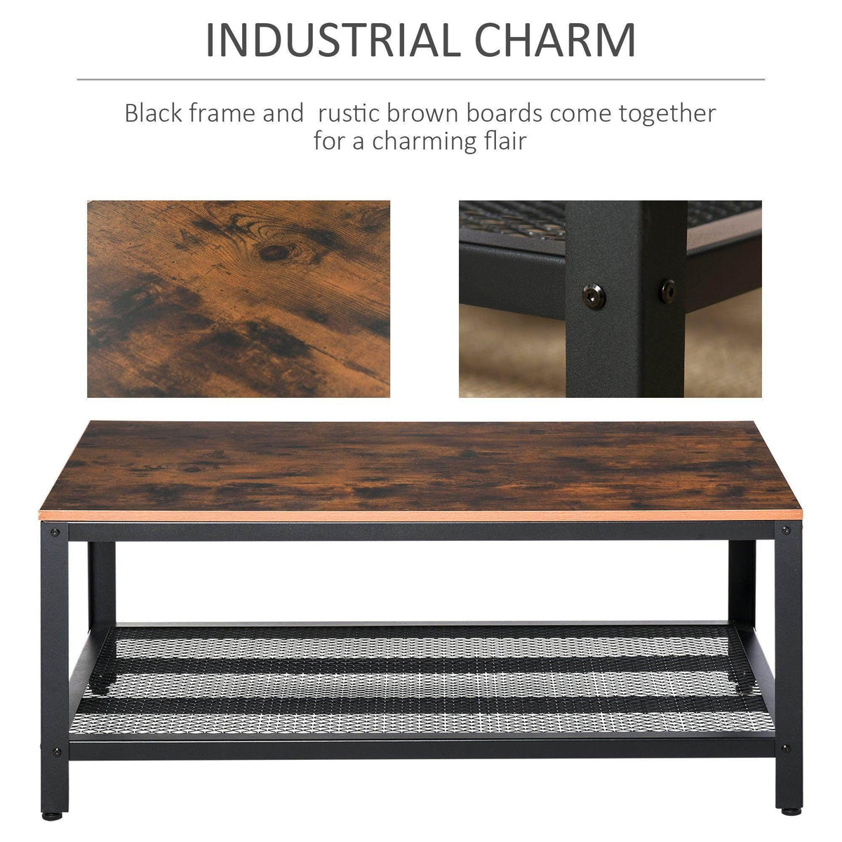 Industrial coffee table with rustic brown tabletop and black metal frame with corner hardware
