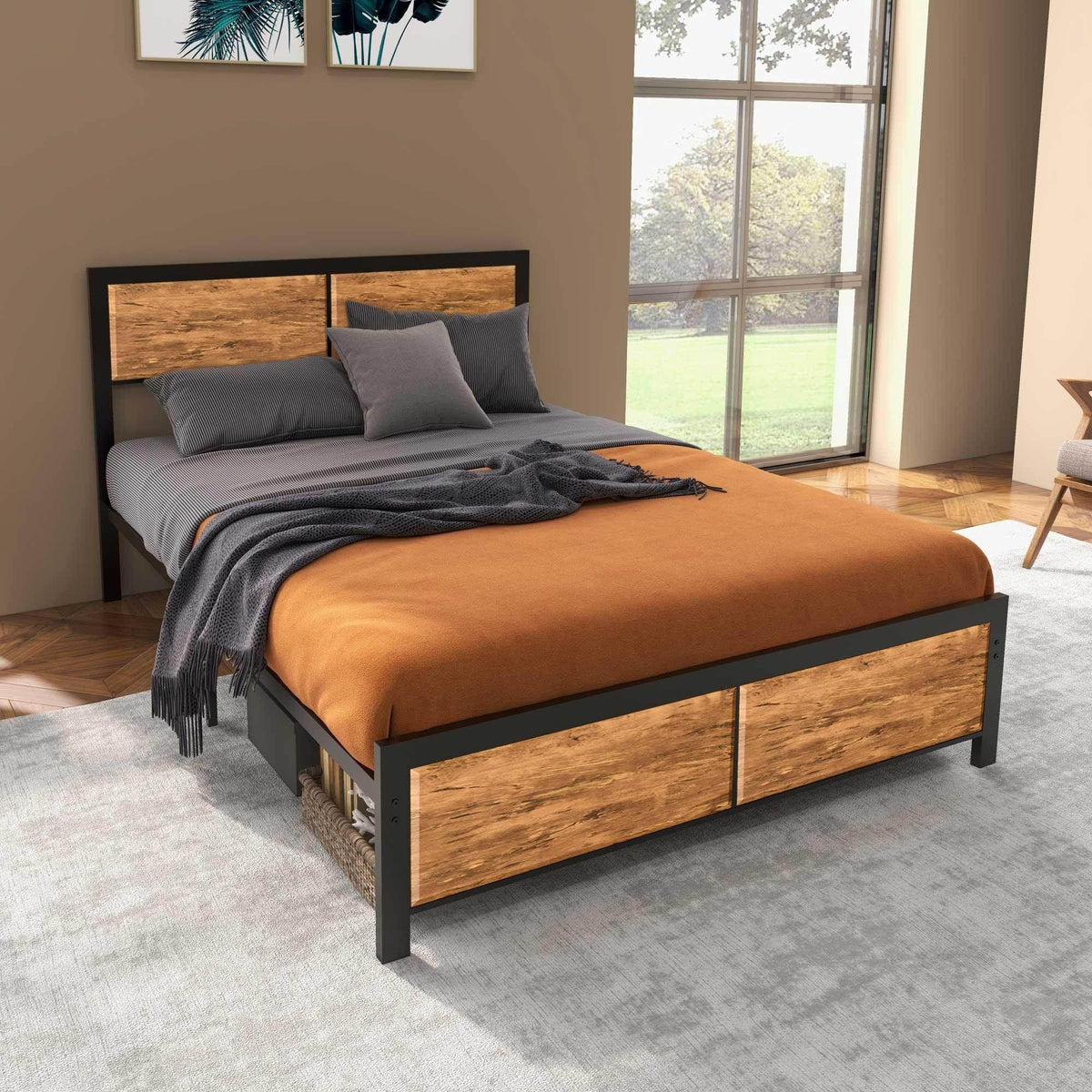 Brown double bed frame with black steel headboard, slatted base, and storage drawers.