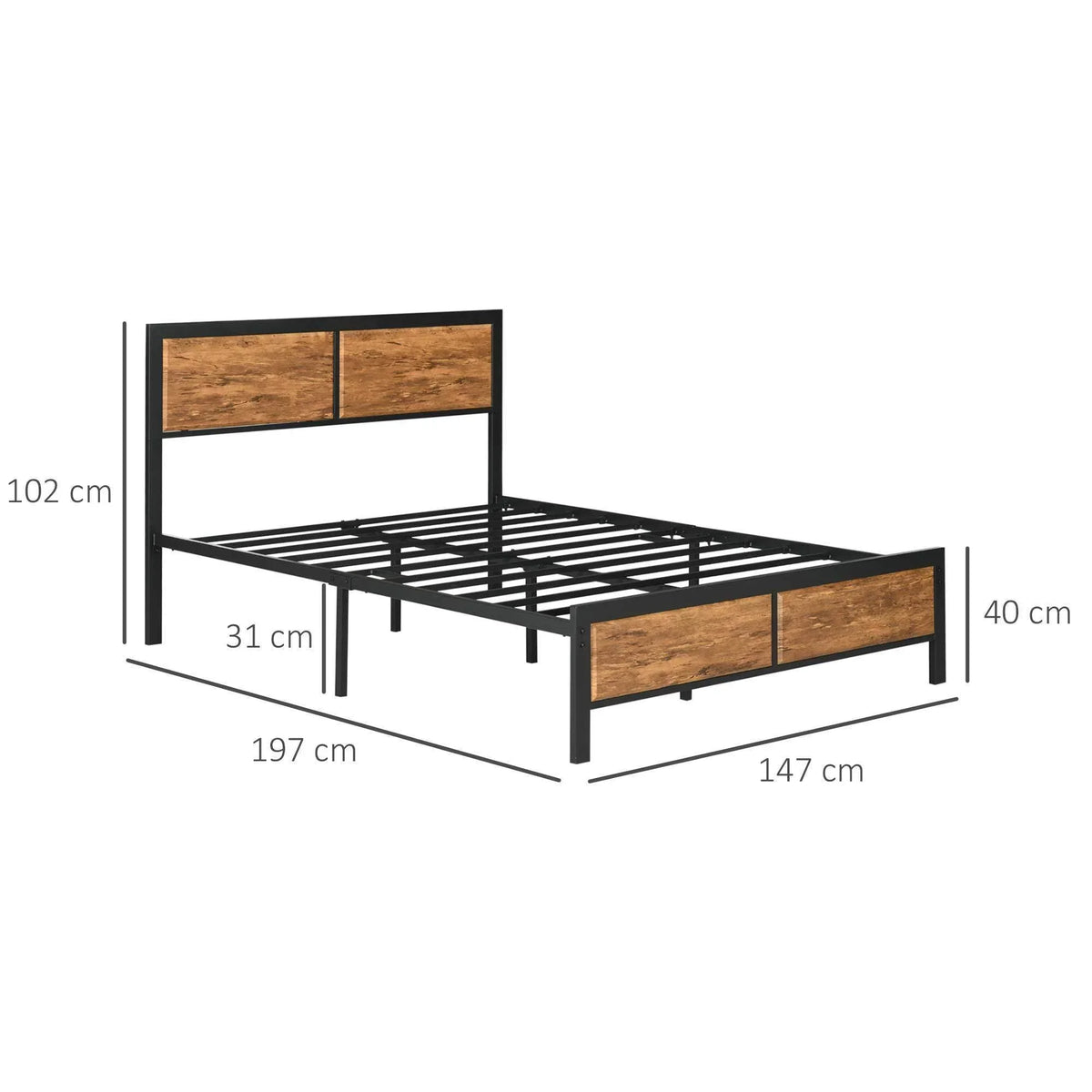 Industrial double bed frame in brown wood-look panels and black steel with storage drawers.