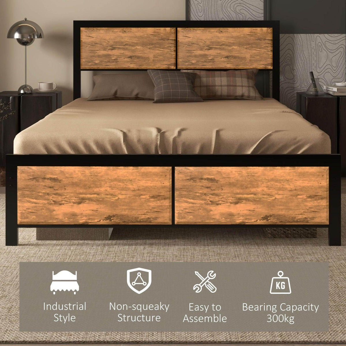 Industrial double bed frame with brown drawer fronts, black steel posts, and slat support.