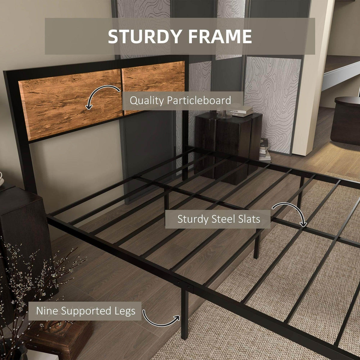 Industrial double bed frame showing black steel slats and brown particleboard drawer fronts.