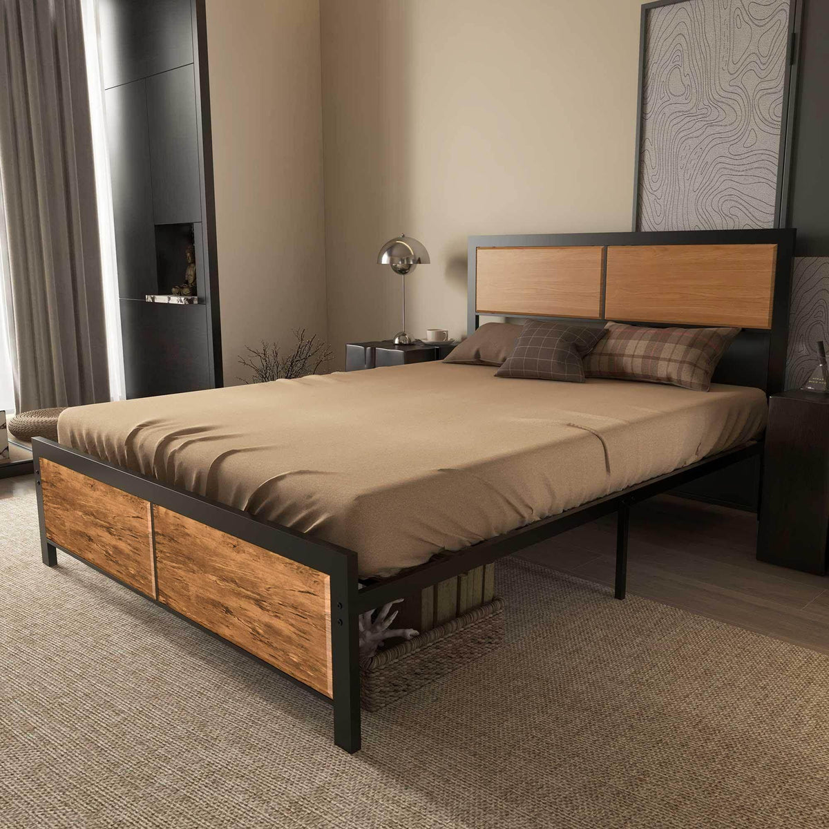 Brown double bed frame with black steel frame, slatted support, and two storage drawers.
